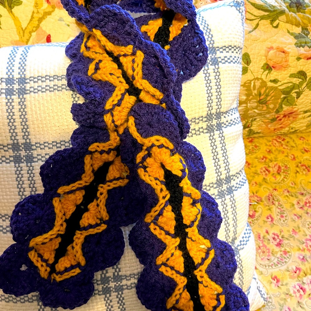 Hand Crochet purple gold and black keyhole scarf